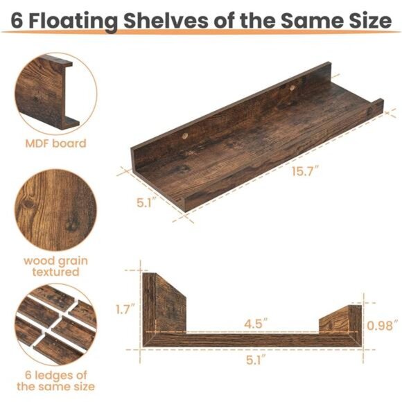 Floating Shelves for Wall, Wall Shelves for Decor Storage Set of 6 - Picture 10 of 14